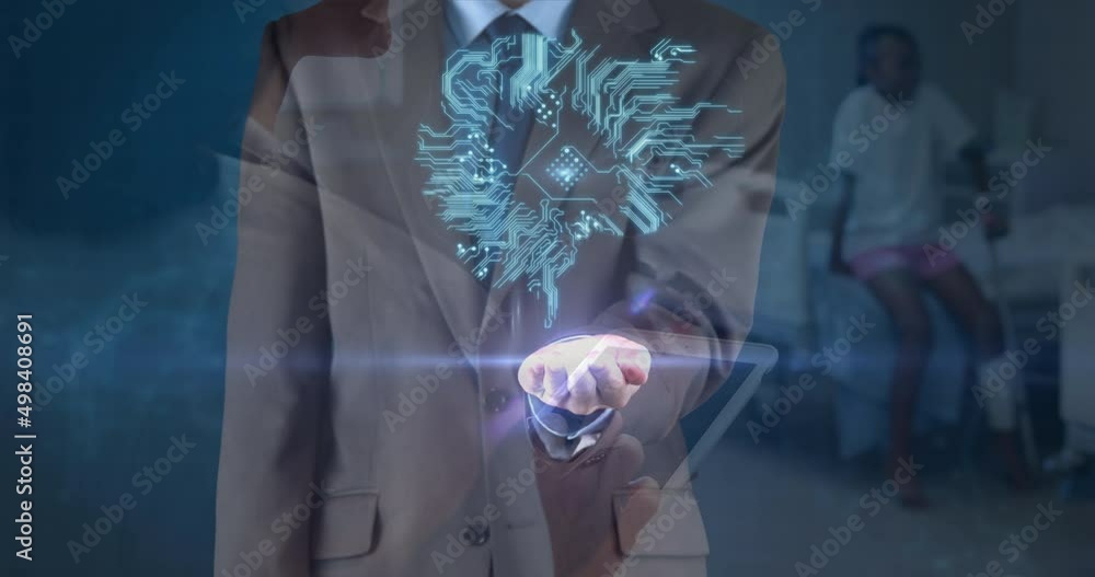 Poster animation of caucasian businessman and brain with computer circuit board over diverse doctors
