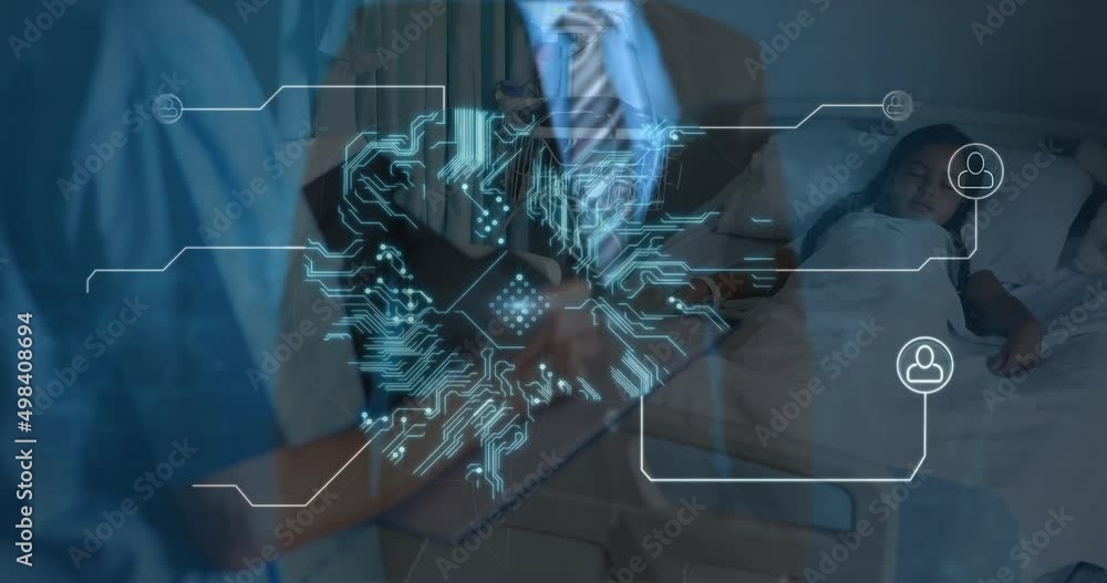 Poster animation of caucasian businessman and brain with computer circuit board over diverse doctors