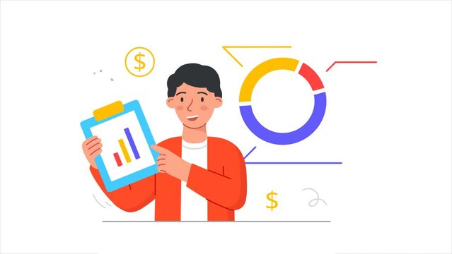 Global economy video concept. Moving male broker invests money in stock market and analyzes profit statistics. Financial accounting or successful business. Graphic animated cartoon in doodle style