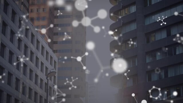 Animation of shapes moving over cityscape
