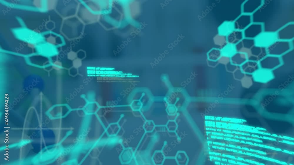 Poster animation of data processing and chemical formula over test tubes