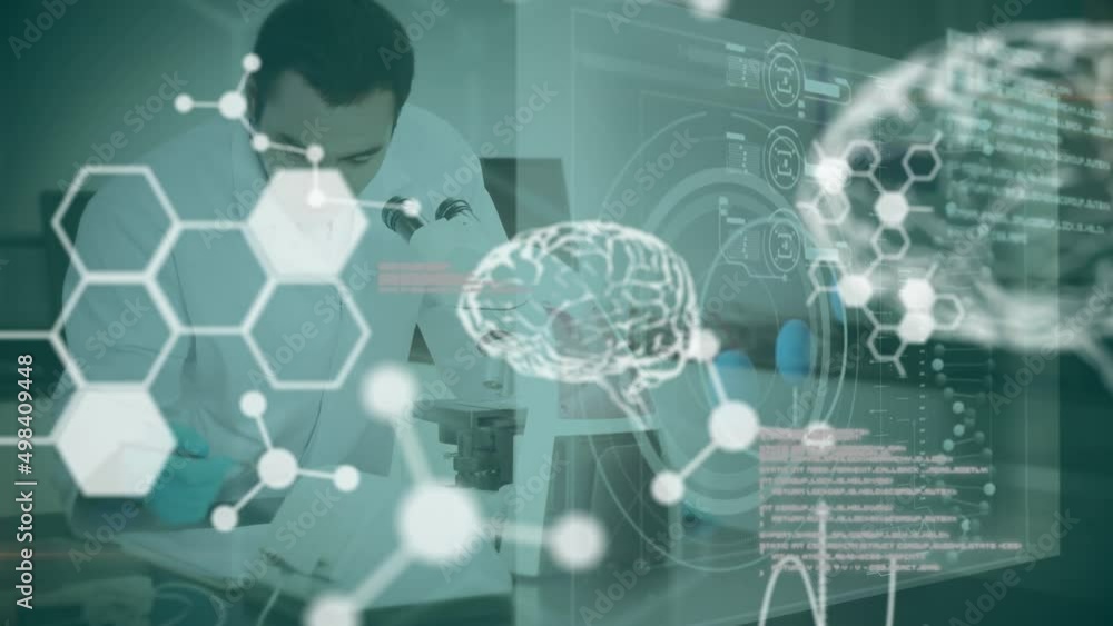 Poster animation of data processing and digital brain over caucasian male scientist
