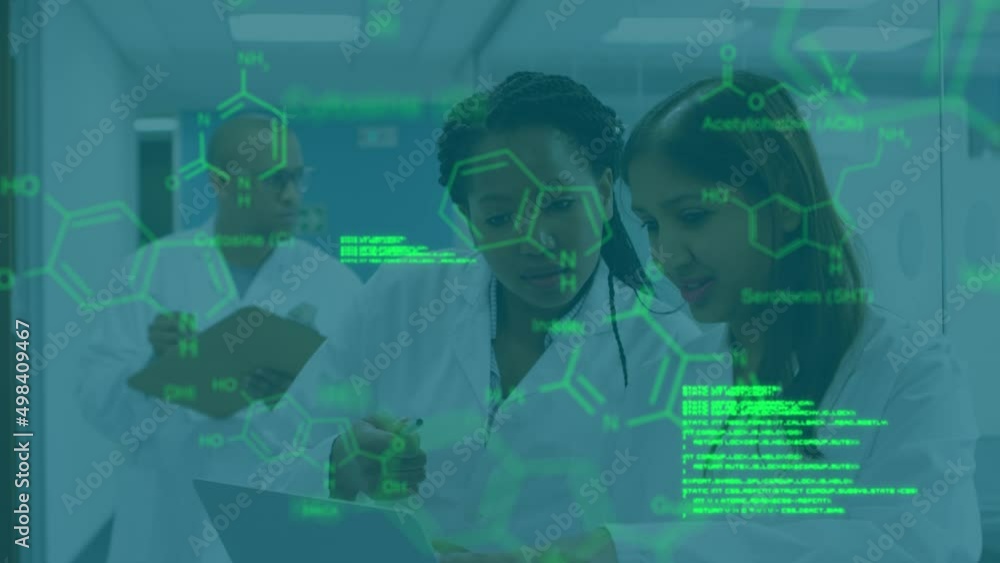Poster animation of data processing and chemical formula over diverse scientists