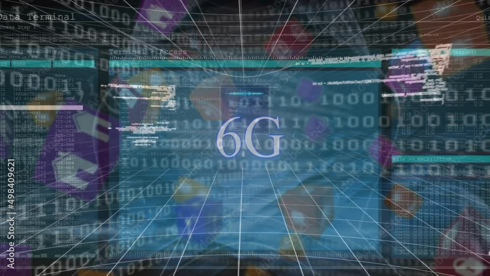 Poster animation of 6g text, globe and data processing over caucasian hacker