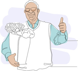 Minimal outline concept of mature man smiling and holding a grocery bag with healthy food. Continuous one line drawing of outline. Vector illustration