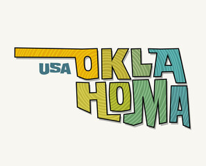 State of Oklahoma with the name distorted into state shape. Pop art style vector illustration for stickers, t-shirts, posters, social media and print media.