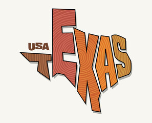 State of Texas with the name distorted into state shape. Pop art style vector illustration for stickers, t-shirts, posters, social media and print media.
