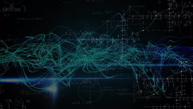 Animation of mathematical equations over light trails on black background