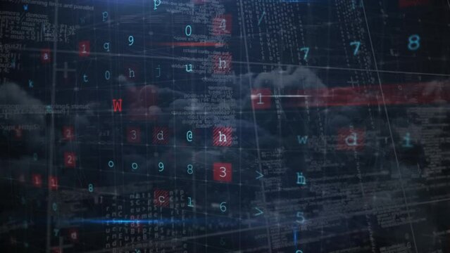 Animation of cyber attack warning over data processing on sky with clouds