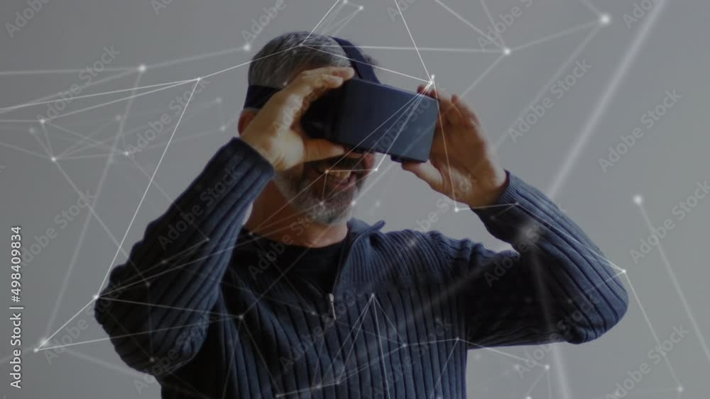 Poster animation of network of connections over caucasian man using vr headset
