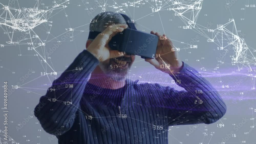 Poster animation of network of connections over caucasian man using vr headset