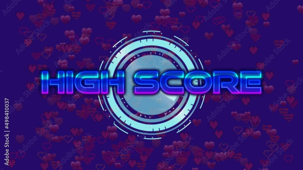 Poster animation of high score text over scope scanning and heart icons on blue background