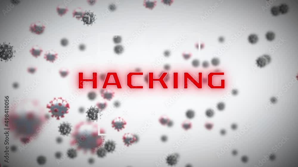 Poster animation of falling viruses and hacking text over white background