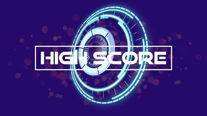 Animation of high score text over scope scanning and spots on blue background - Powered by Adobe