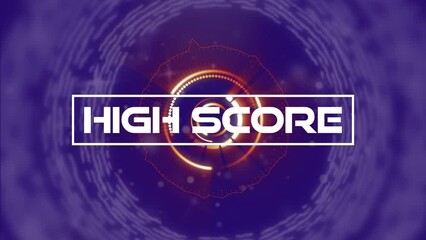 Animation of high score text over scope scanning and spots on blue background - Powered by Adobe