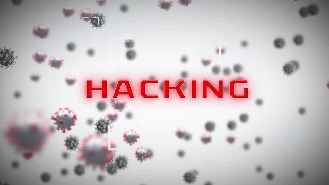 Animation of falling viruses and hacking text over white background
