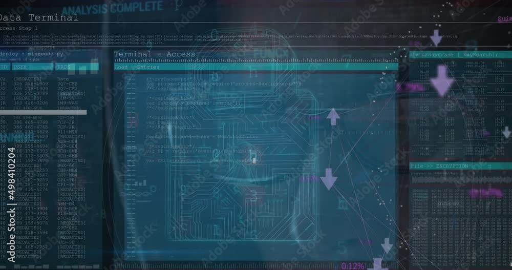 Poster animation of security padlock over data processing on dark background