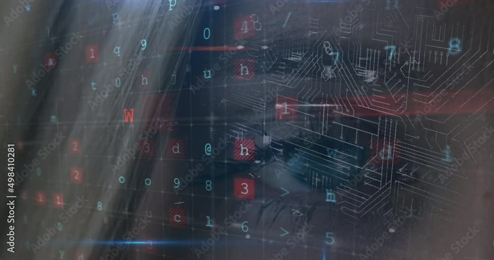 Poster animation of security padlock over data processing on dark background
