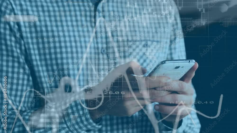 Poster animation of financial data over hands of caucasian man using smartphone