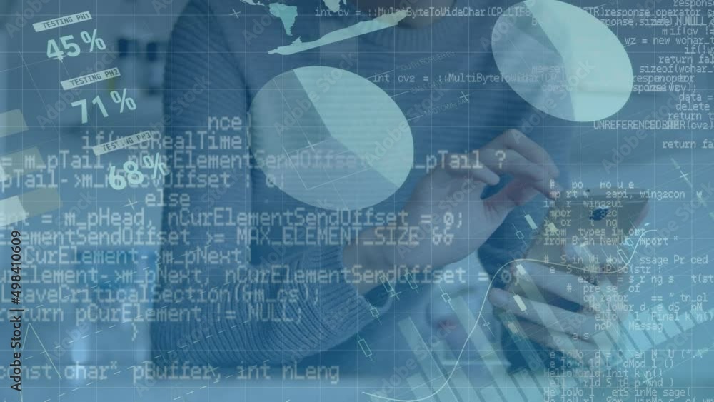 Poster animation of financial data over hands of biracial man using smartphone