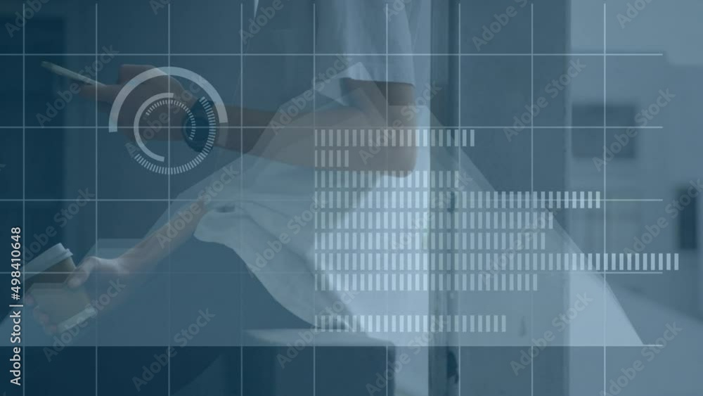 Aufkleber animation of diverse data over hands of caucasian man using smartphone