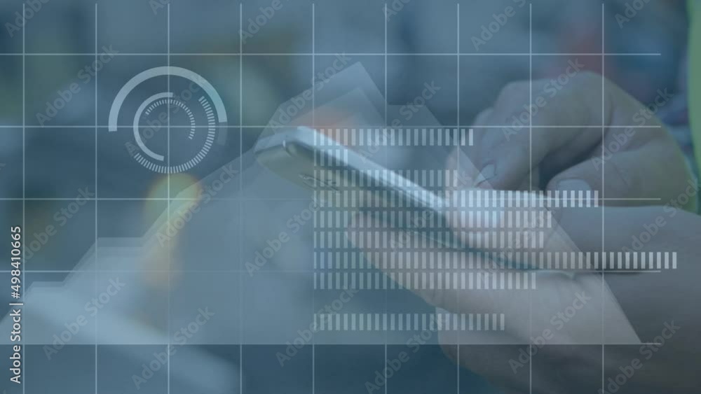 Poster Animation of diverse data over hands of caucasian man using smartphone