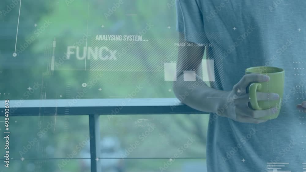Poster animation of diverse data over hands of biracial man using smartphone