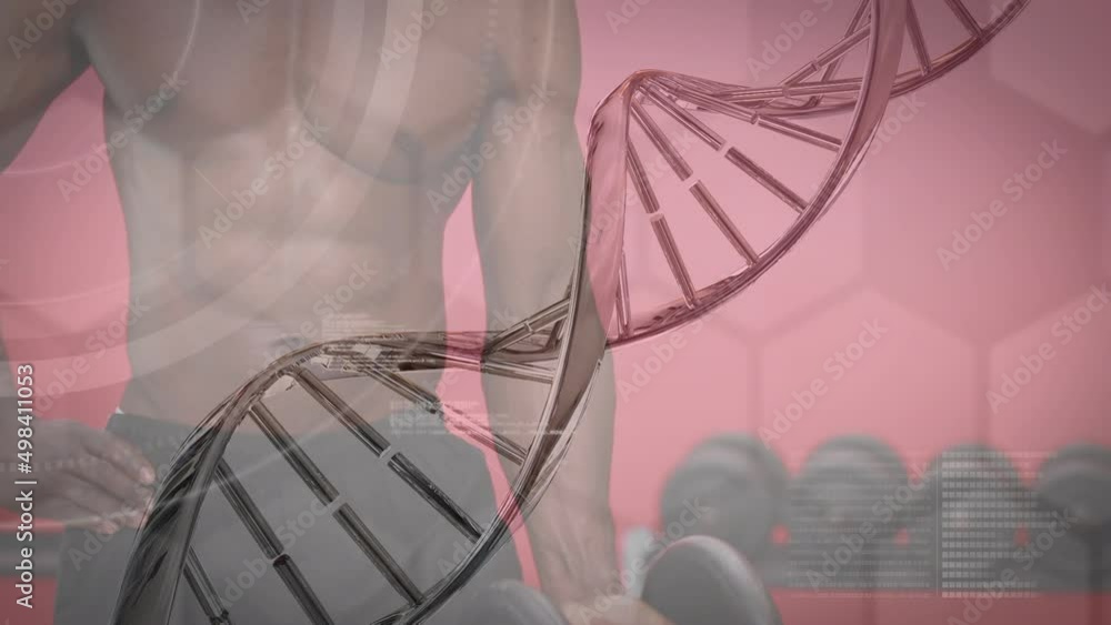 Poster animation of dna strand spinning over data processing and exercising strongman