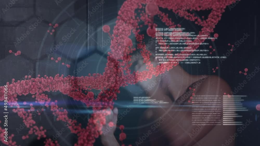 Poster animation of dna strand spinning over data processing and exercising strongman