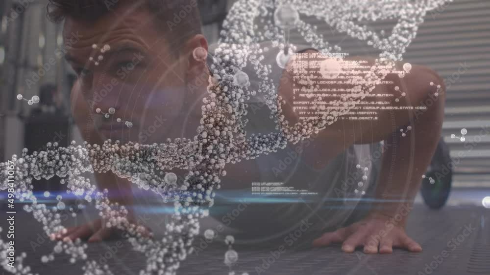 Poster animation of dna strand spinning over data processing and exercising strongman
