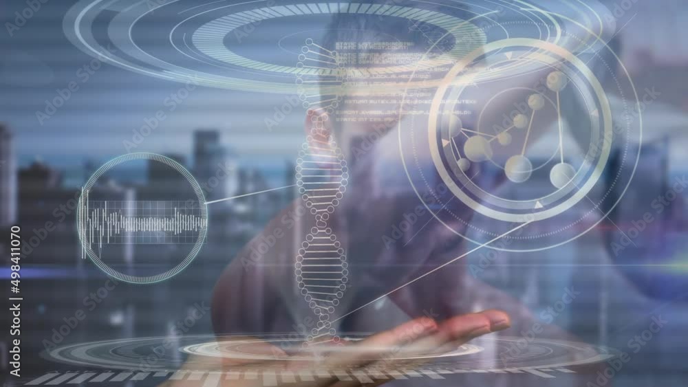 Poster animation of dna strand spinning over data processing and exercising strongman