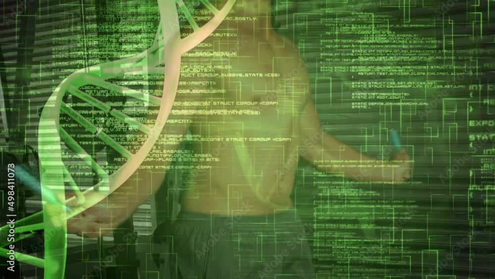 Poster animation of dna strand spinning over data processing and exercising strongman