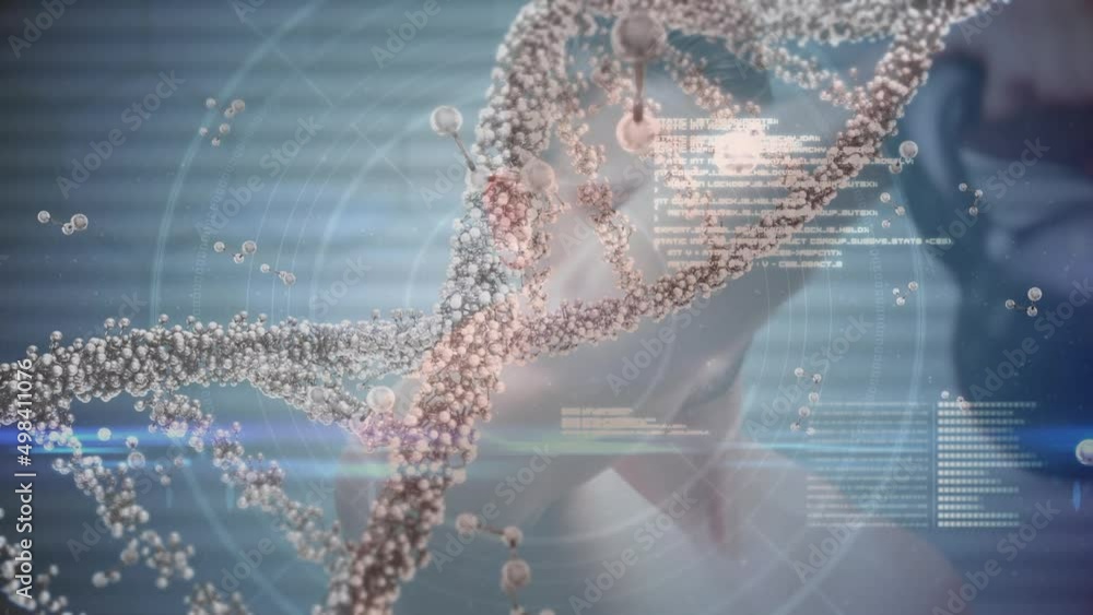 Aufkleber animation of dna strand spinning over data processing and exercising strongman