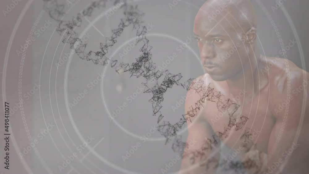 Poster animation of dna strand spinning over data processing and exercising strongman