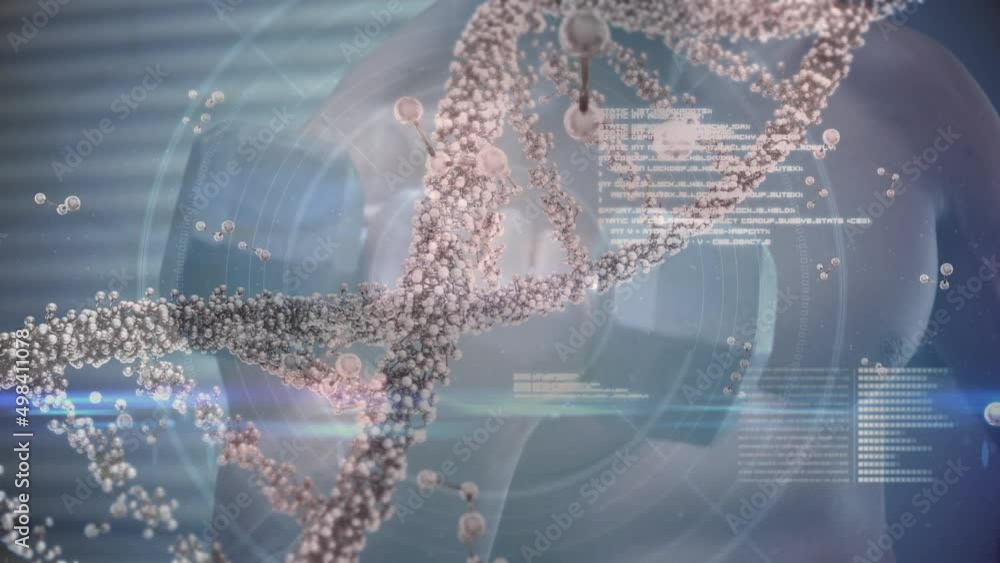 Poster animation of dna strand spinning over data processing and exercising strongman