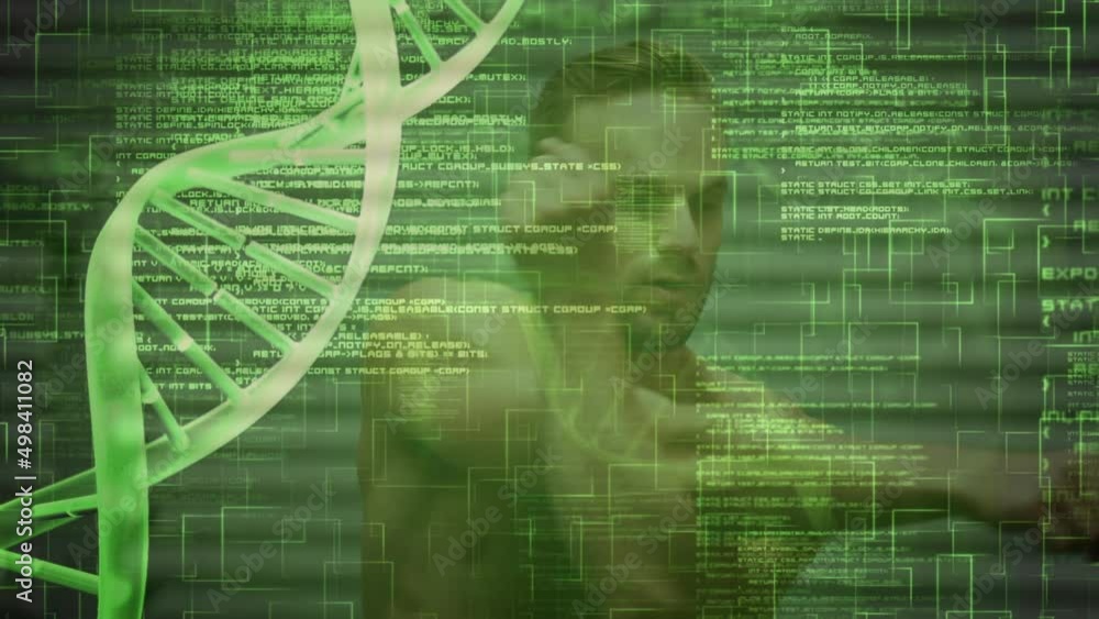 Poster animation of dna strand spinning over data processing and exercising strongman