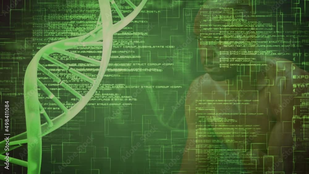 Poster animation of dna strand spinning over data processing and exercising strongman