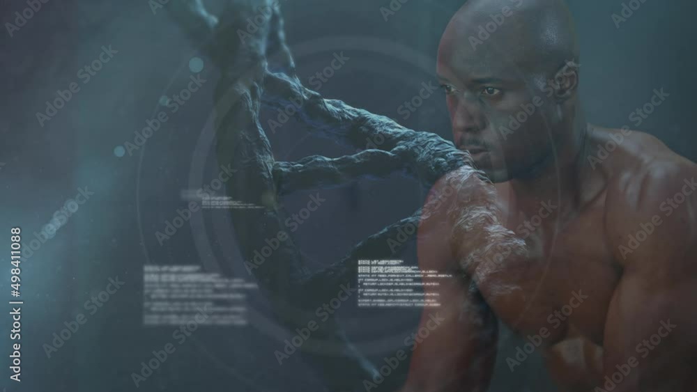 Poster animation of dna strand spinning over data processing and exercising strongman