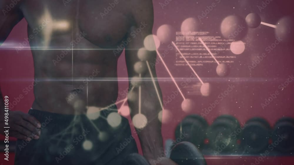 Poster animation of dna strand spinning over data processing and exercising strongman