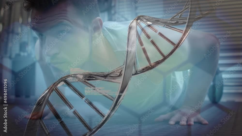 Poster animation of dna strand spinning over data processing and exercising strongman