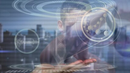 Animation of dna strand spinning over data processing and exercising strongman - Powered by Adobe