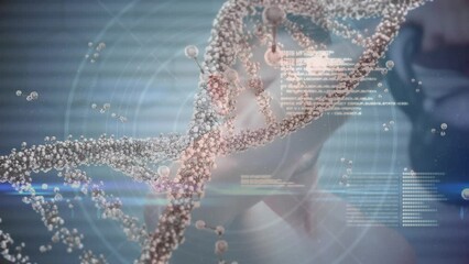Animation of dna strand spinning over data processing and exercising strongman - Powered by Adobe
