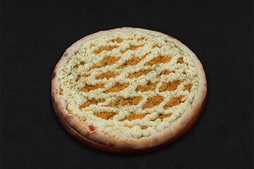 Chicken pizza with catupiry isolated on black background ready to use business flyer