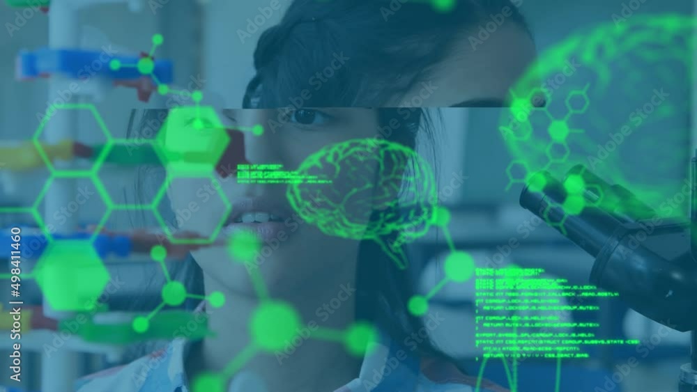 Poster animation of data processing over biracial female student with microscope