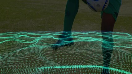 Animation of waves with binary coding over biracial football player on stadium - Powered by Adobe