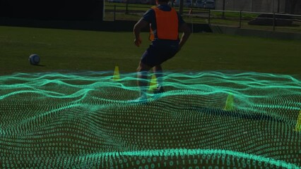 Animation of waves with binary coding over diverse football players on stadium - Powered by Adobe