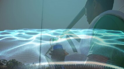 Animation of waves with binary coding over diverse football players on stadium - Powered by Adobe