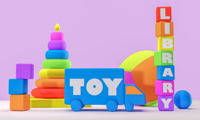 Toy Library, on toy blocks and truck with stacker and balls, community sharing of toys,  3D illustration
