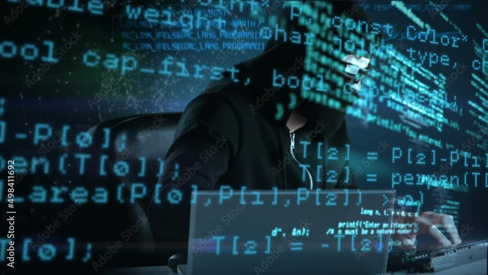 Poster animation of data processing over caucasian male hacker using laptop