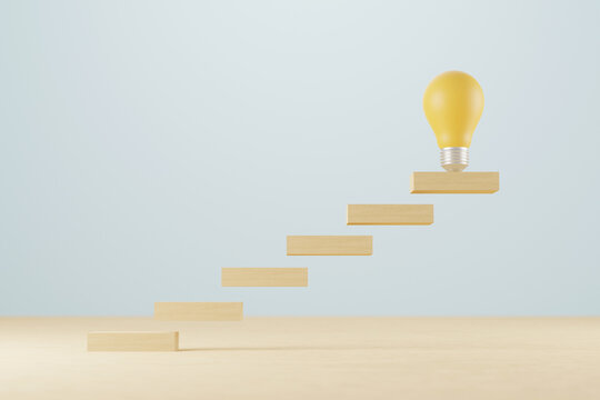 Idea mindset concept. Light bulb and wooden block growing growth step on wood table. 3d illustration
